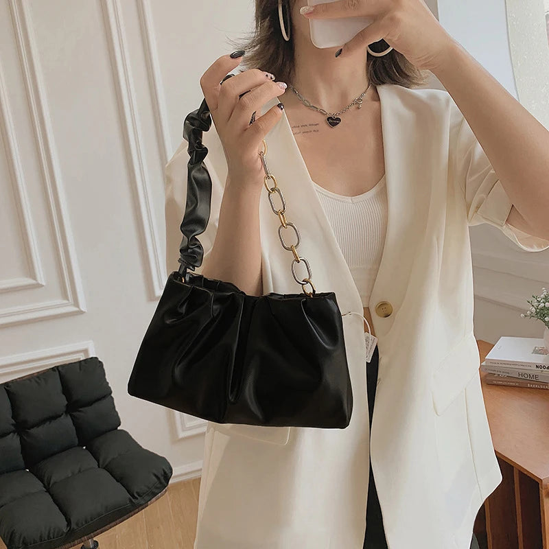Vintage Leather Shoulder Bag with Chain Handle