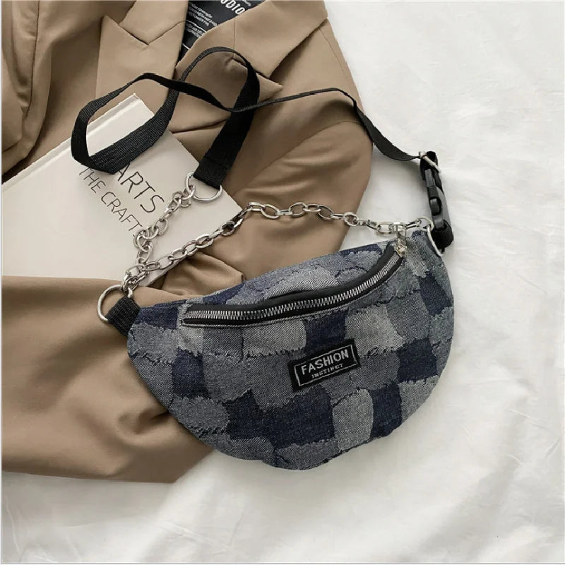Denim Plaid Waist Bag Chain Zipper Shoulder Bags Retro Crossbody Bag