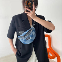 Denim Plaid Waist Bag Chain Zipper Shoulder Bags Retro Crossbody Bag