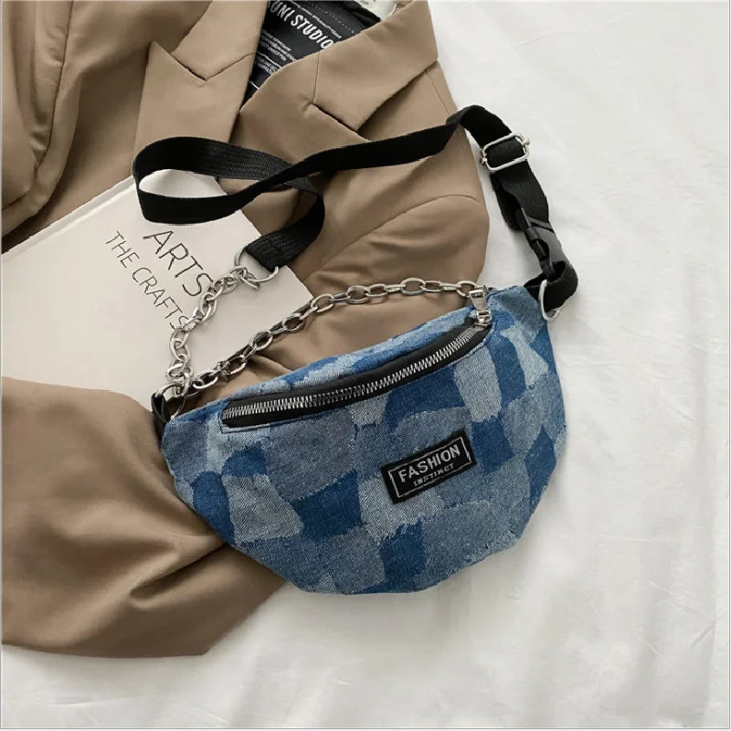 Denim Plaid Waist Bag Chain Zipper Shoulder Bags Retro Crossbody Bag