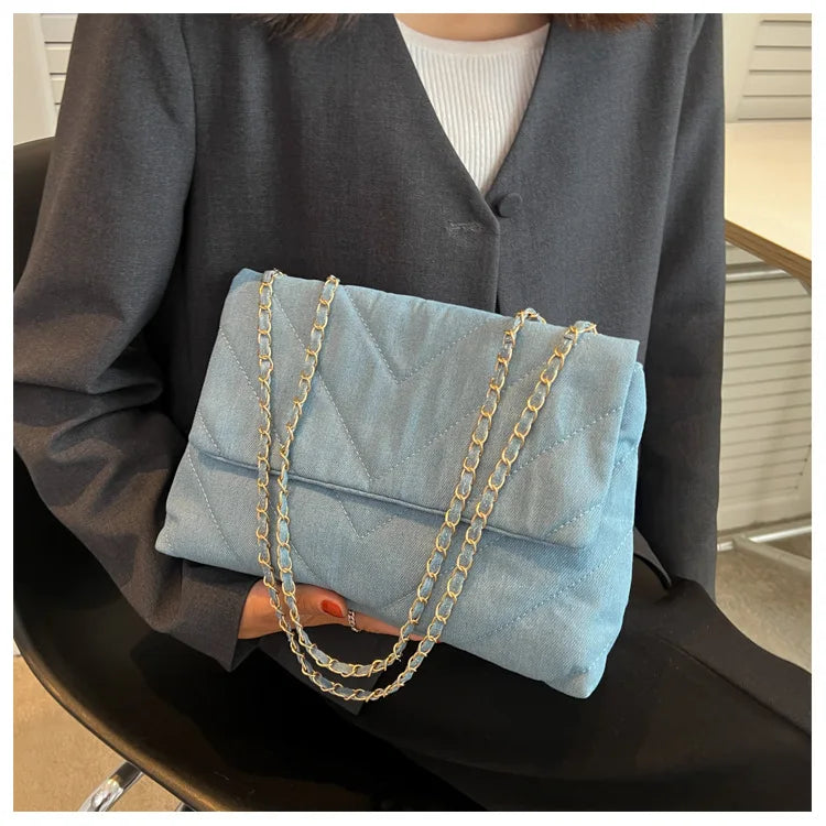 Women Denim Stripe Messenger Bag Casual Shoulder Handbag