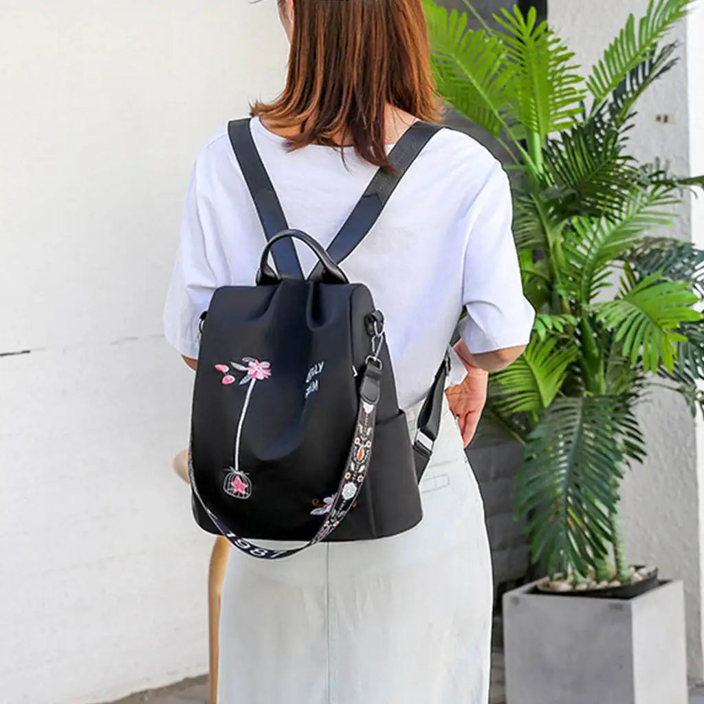 Women Backpack Casual Nylon Flower Embroidered Shoulder School Book Bags