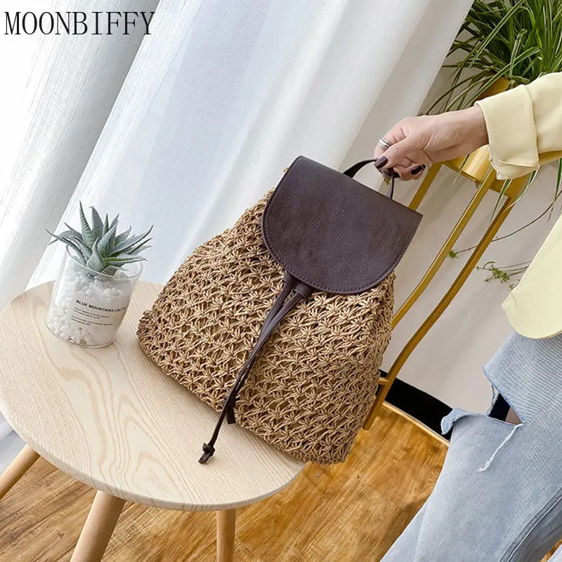 Women Straw Backpack Summer Beach Lady Weave Pack