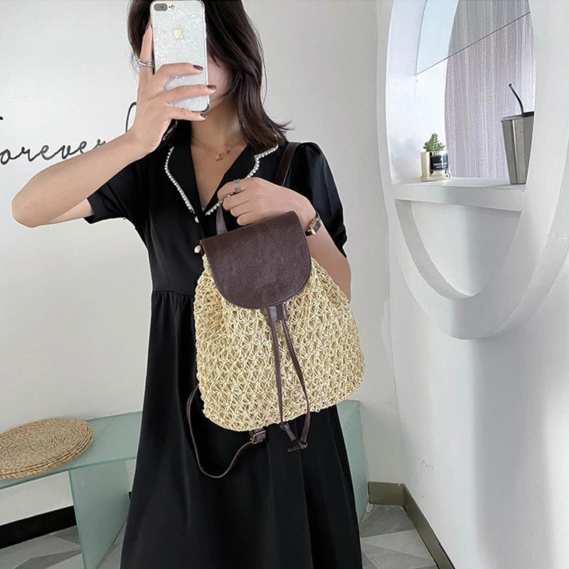 Women Straw Backpack Summer Beach Lady Weave Pack