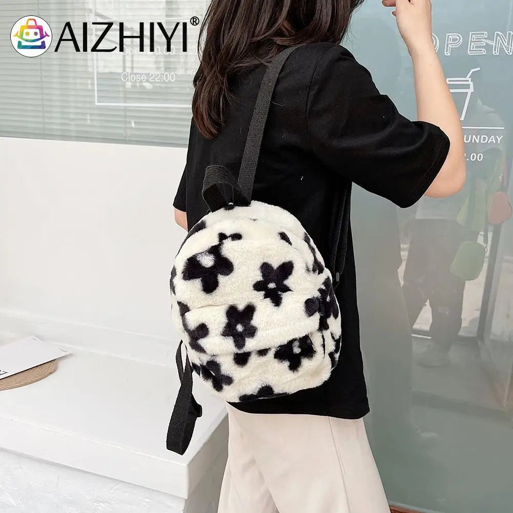Printed Plush Backpack Casual Ladies Small Knapsack Mini Rucksacks