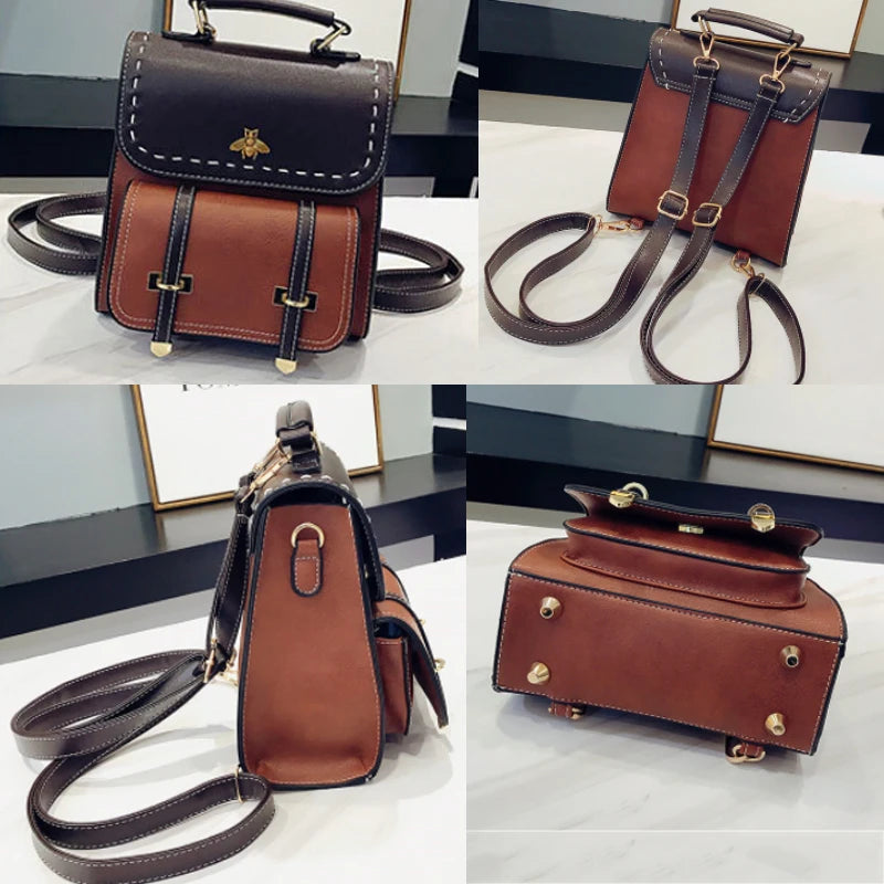 Vintage Leather Preppy Female Backpack College Travel Bag Mochila