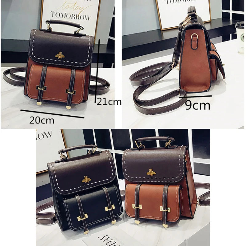 Vintage Leather Preppy Female Backpack College Travel Bag Mochila