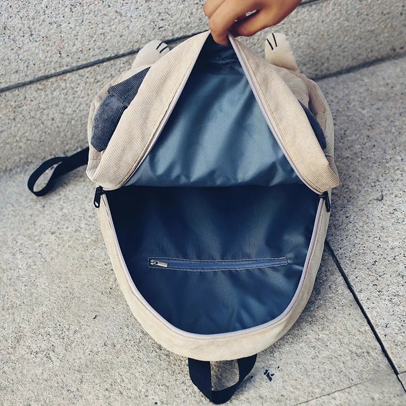 Women Canvas Dog Fox Ear Embroidery Backpack