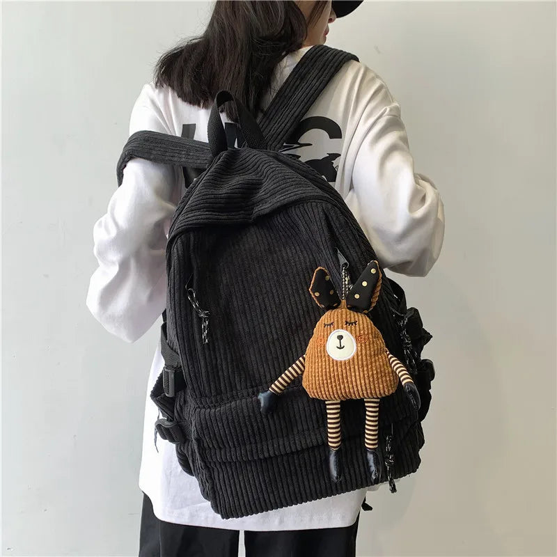 Corduroy Women Backpack Large School Bag Teenagers Girls Laptop Bookbags
