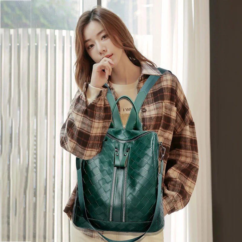 Women Woven Leather School Backpack High Capacity Travel Shoulder Bag