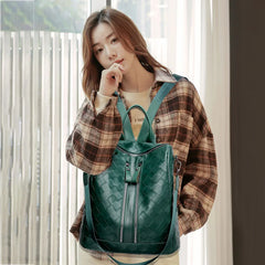 Women Woven Leather School Backpack High Capacity Travel Shoulder Bag