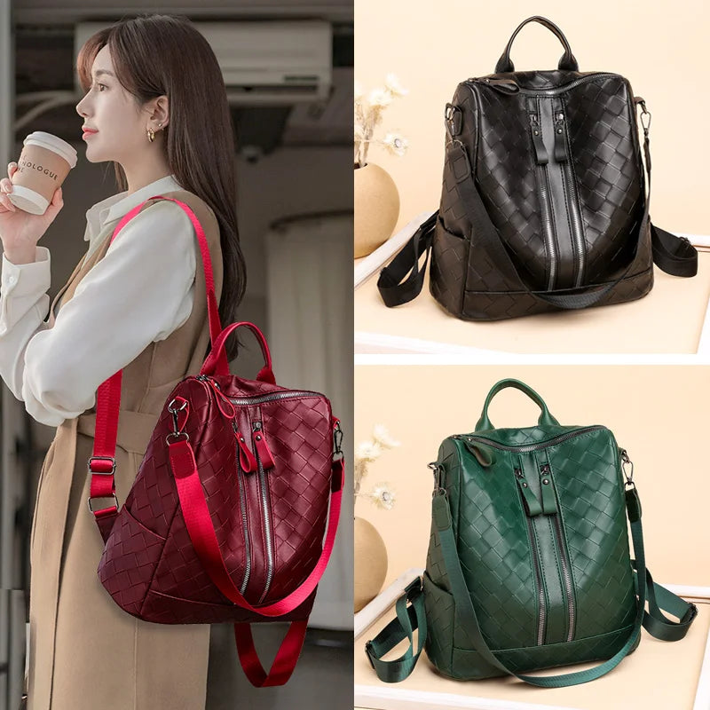 Women Woven Leather School Backpack High Capacity Travel Shoulder Bag