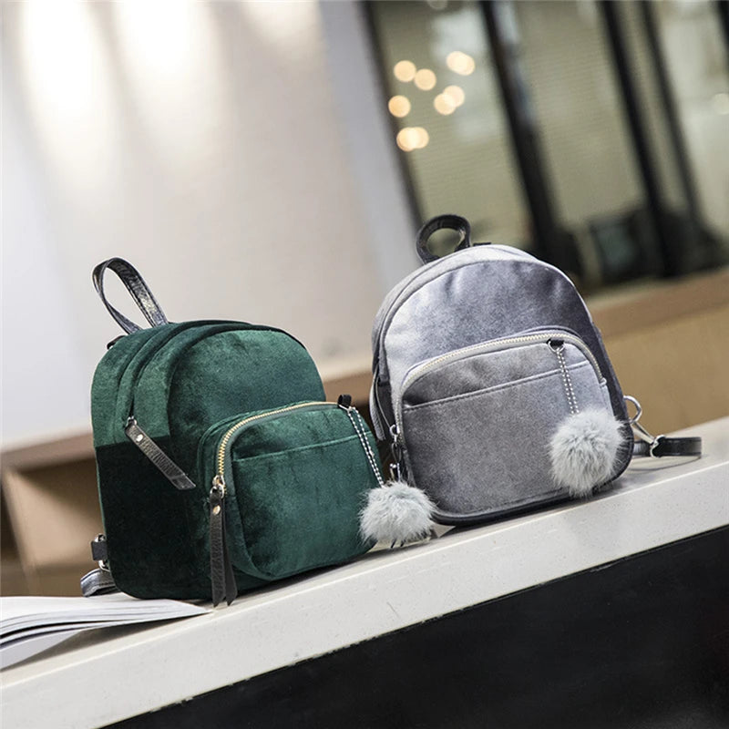 Velvet Backpack Veludo Schoolbag Zipper Pompom Casual Mini Female Bags
