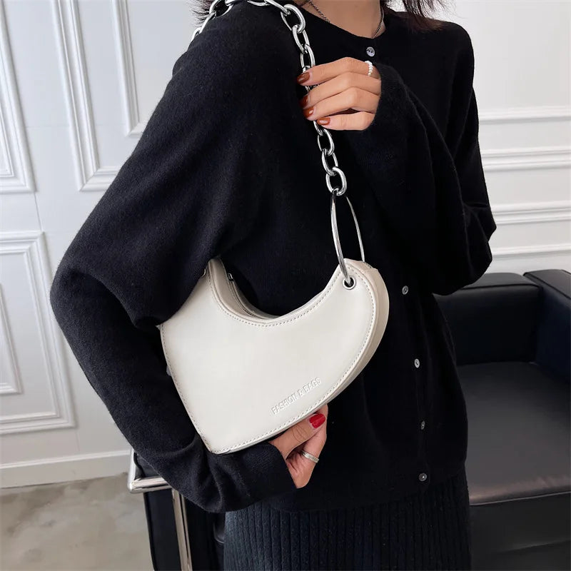 Heart Pattern Chain Women Handbag Silver
