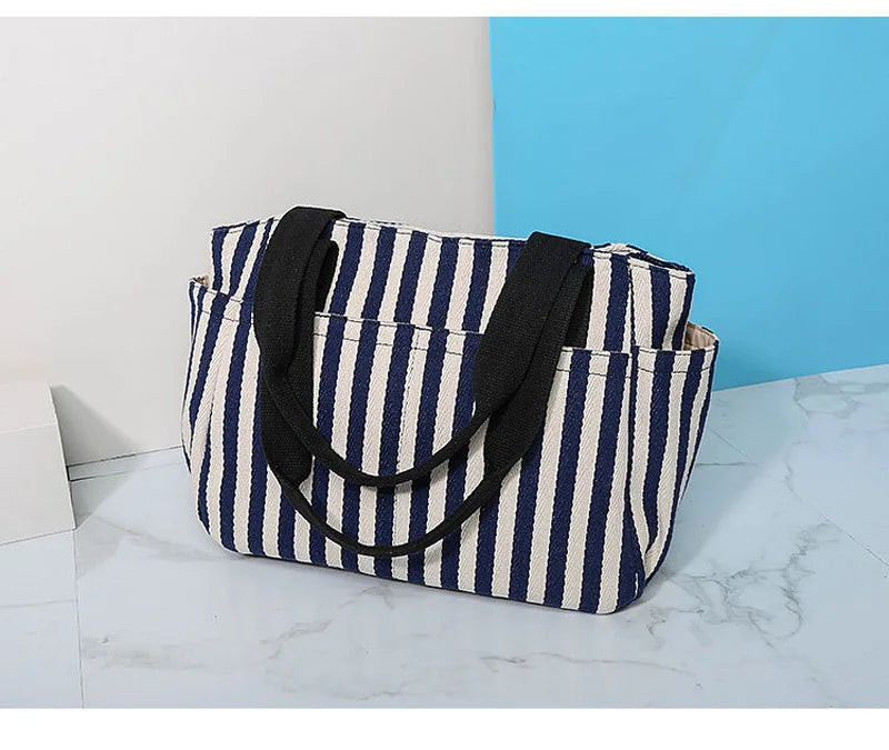 Striped Panelled Shoulder Bag Summer Beach Handbag Canvas Shopping Bag