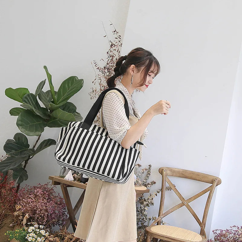 Striped Panelled Shoulder Bag Summer Beach Handbag Canvas Shopping Bag