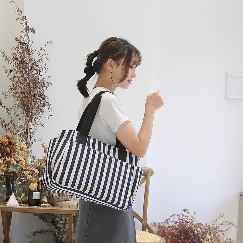 Striped Panelled Shoulder Bag Summer Beach Handbag Canvas Shopping Bag