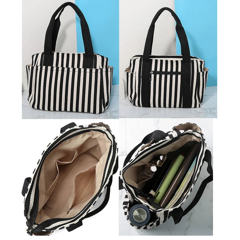 Striped Panelled Shoulder Bag Summer Beach Handbag Canvas Shopping Bag