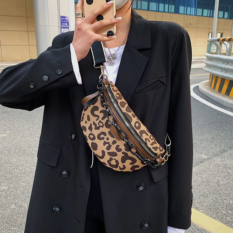 Leopards Pattern Crossbody Chest Bag Half Moon Fanny Pack
