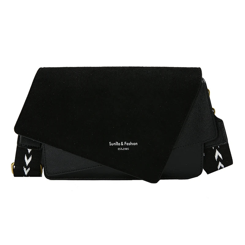 Nubuck Leather Square Shoulder Bag with Wide Strap