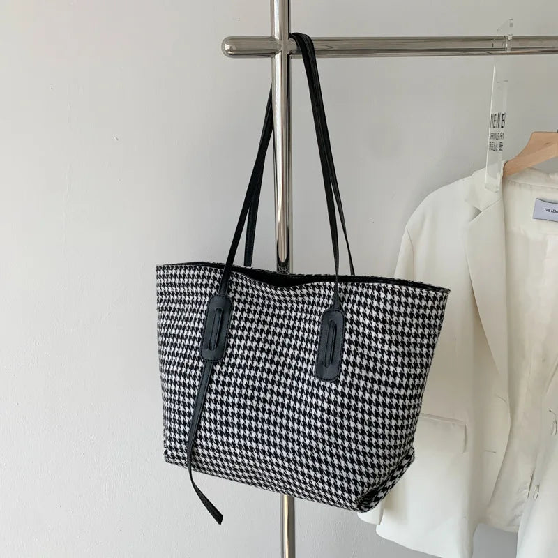 Women Houndstooth Tote Bag Soft Shoulder Handbag Zipper Closure