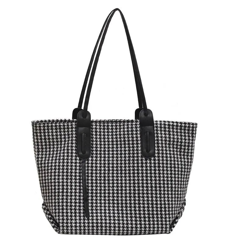 Women Houndstooth Tote Bag Soft Shoulder Handbag Zipper Closure