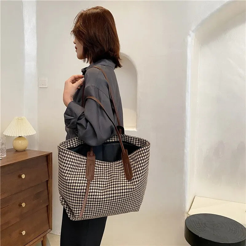 Women Houndstooth Tote Bag Soft Shoulder Handbag Zipper Closure