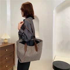 Women Houndstooth Tote Bag Soft Shoulder Handbag Zipper Closure