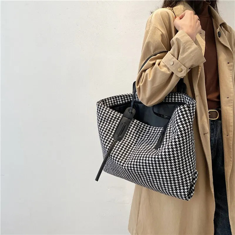 Women Houndstooth Tote Bag Soft Shoulder Handbag Zipper Closure
