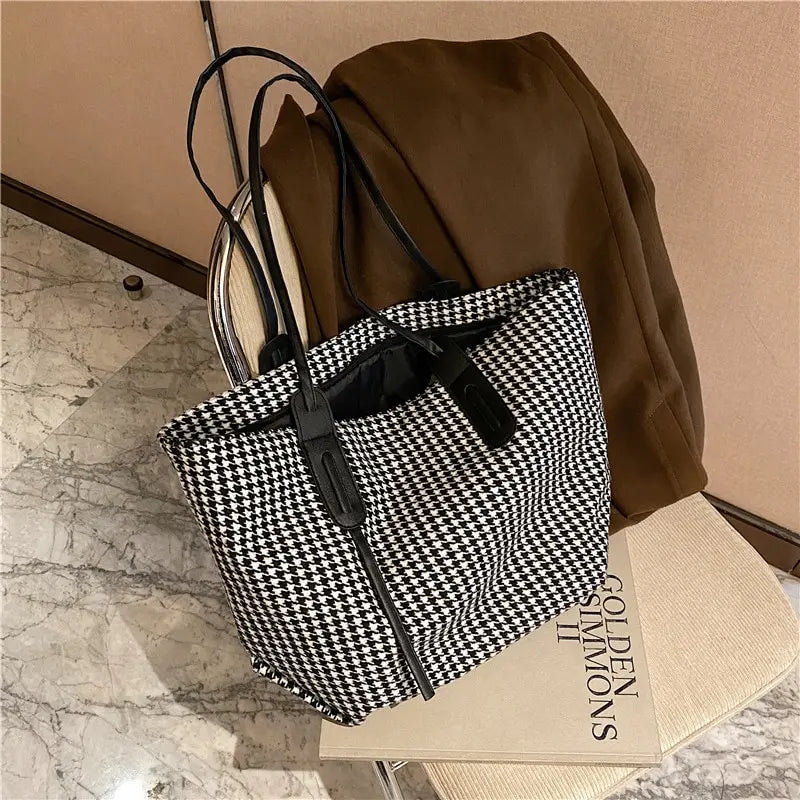 Women Houndstooth Tote Bag Soft Shoulder Handbag Zipper Closure