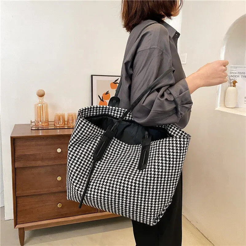 Women Houndstooth Tote Bag Soft Shoulder Handbag Zipper Closure