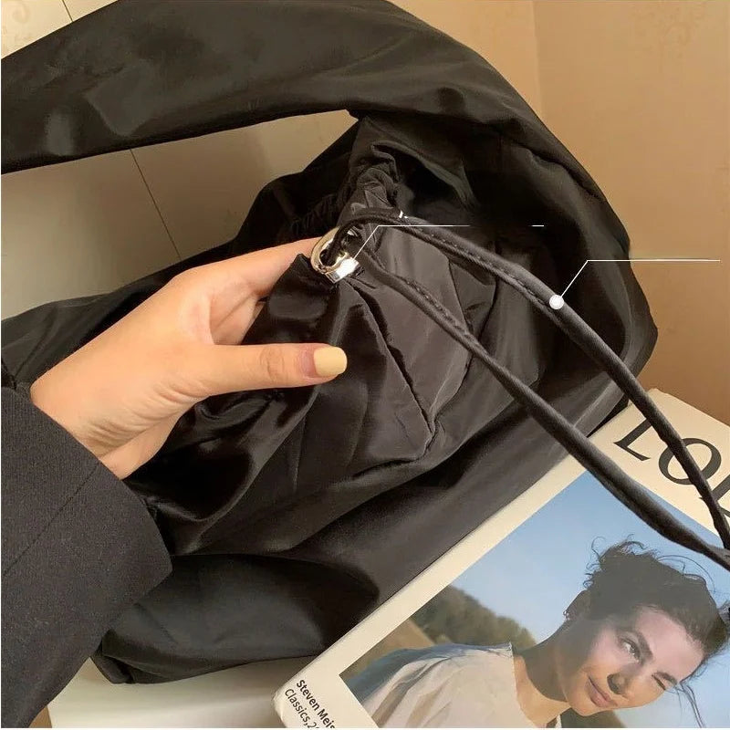Nylon Bucket Shoulder Bag Tote Bag - Black Color