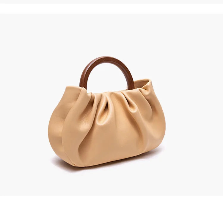 Women Bag PU Bucket Wood Handle Chains Solid Hasp Shoulder Bags Handbags Purse