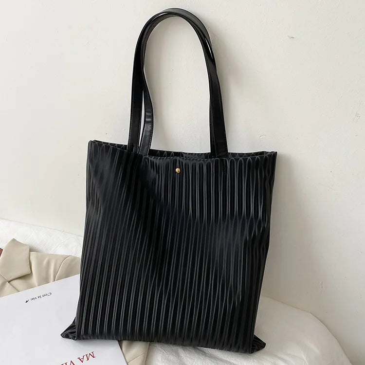 Women PU Handbag Shoulder Bag Large Capacity Tote Solid Striped Travel Bag