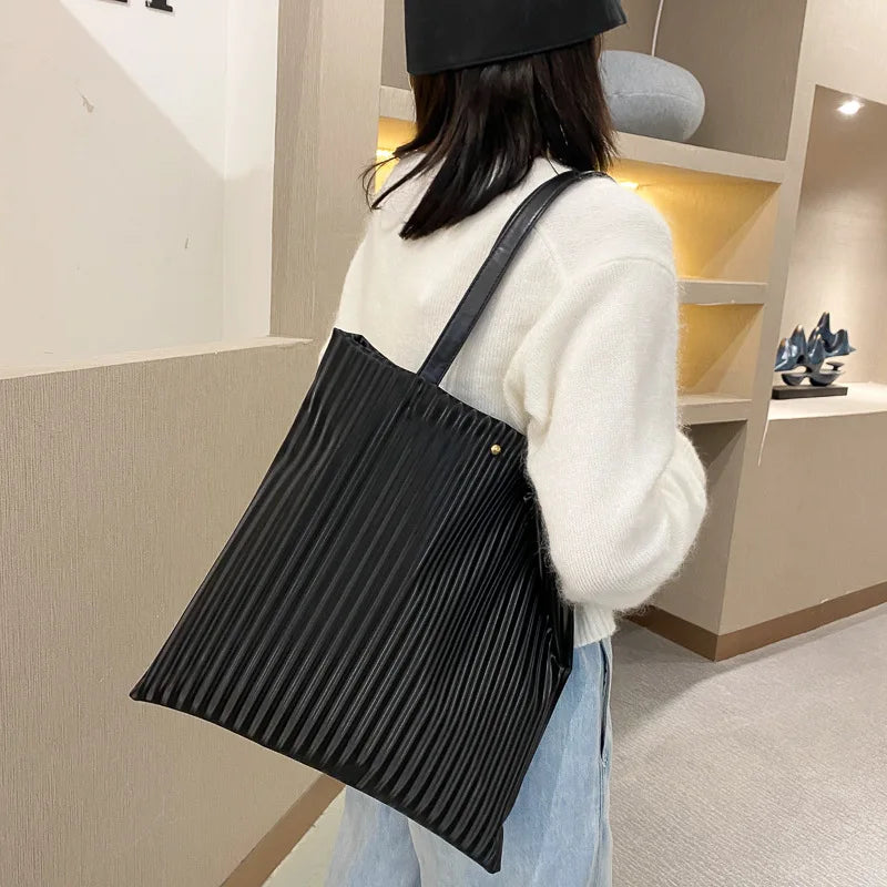 Women PU Handbag Shoulder Bag Large Capacity Tote Solid Striped Travel Bag