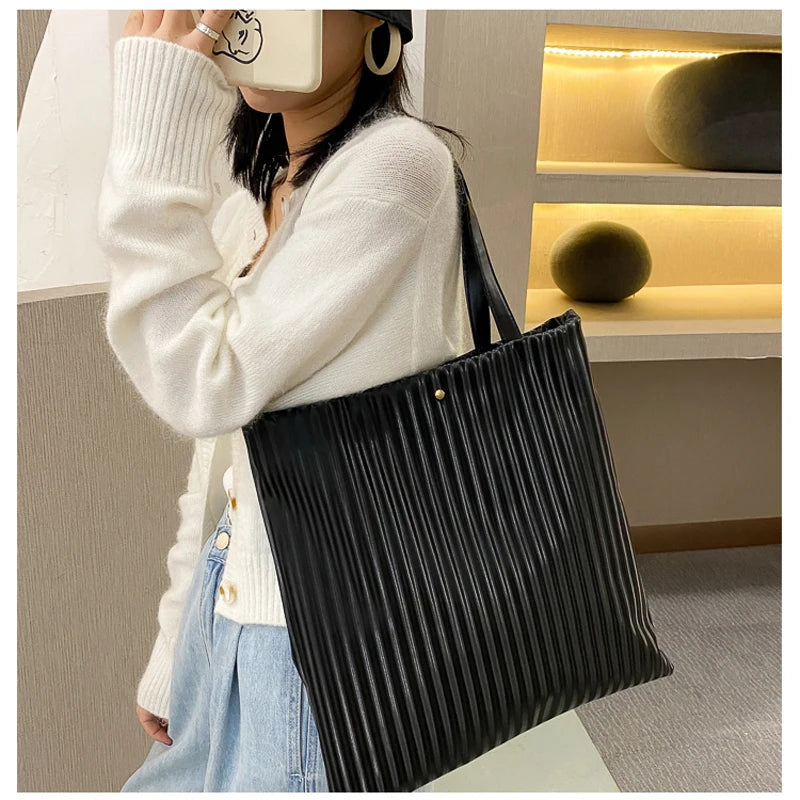 Women PU Handbag Shoulder Bag Large Capacity Tote Solid Striped Travel Bag