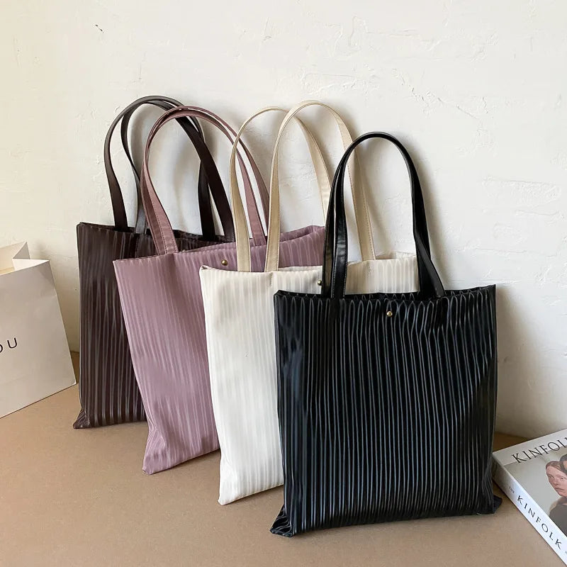 Women PU Handbag Shoulder Bag Large Capacity Tote Solid Striped Travel Bag
