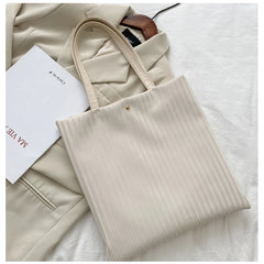 Women PU Handbag Shoulder Bag Large Capacity Tote Solid Striped Travel Bag