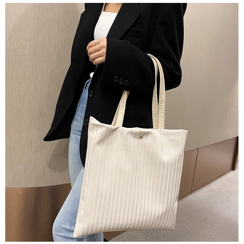 Women PU Handbag Shoulder Bag Large Capacity Tote Solid Striped Travel Bag
