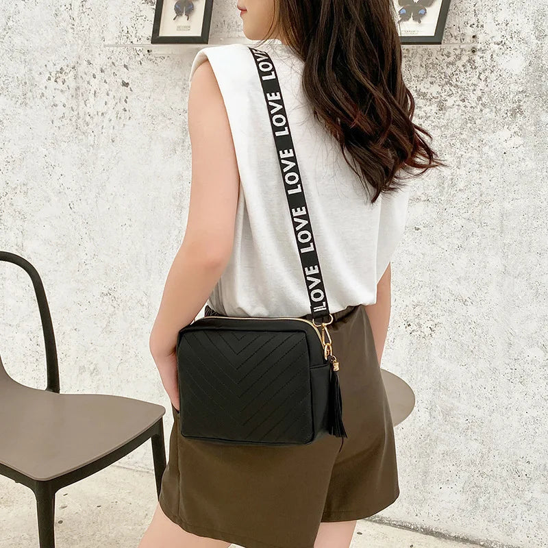 Embossed Shoulder Crossbody Square Bag with Tassel Ribbon