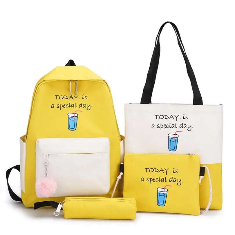 4pcs/Set Female Casual Canvas Travel Backpacks Girls School Book Bags