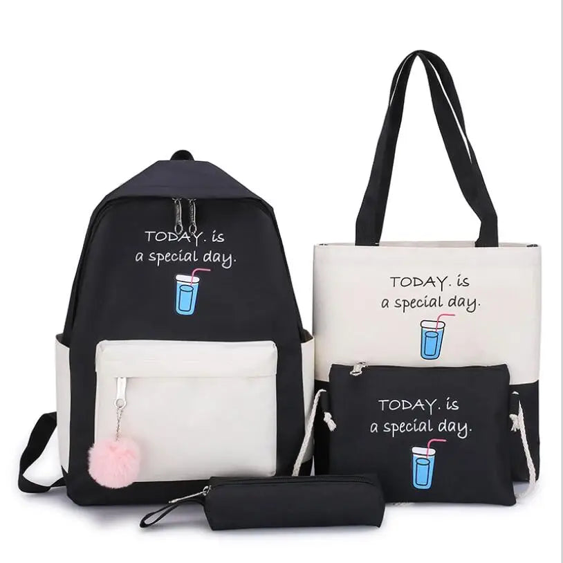 4pcs/Set Female Casual Canvas Travel Backpacks Girls School Book Bags
