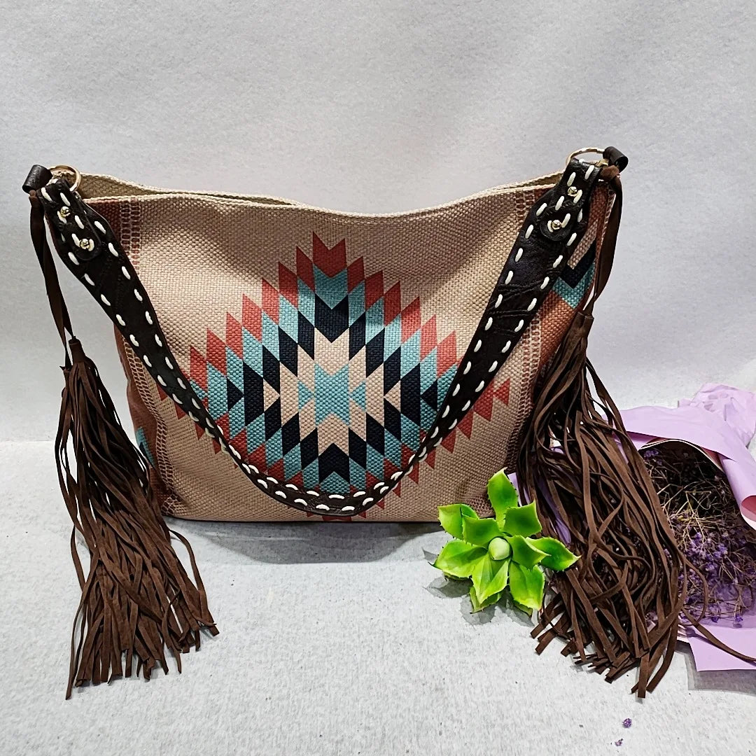 Bohemian Tassel Shoulder Bag Canvas Shopper Big Crossbody Bag