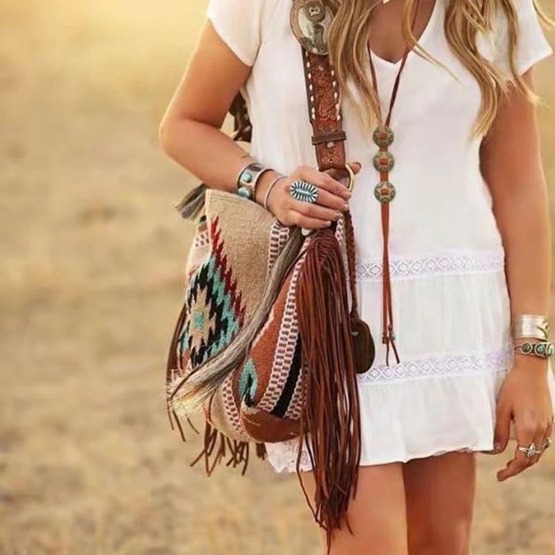 Bohemian Tassel Shoulder Bag Canvas Shopper Big Crossbody Bag