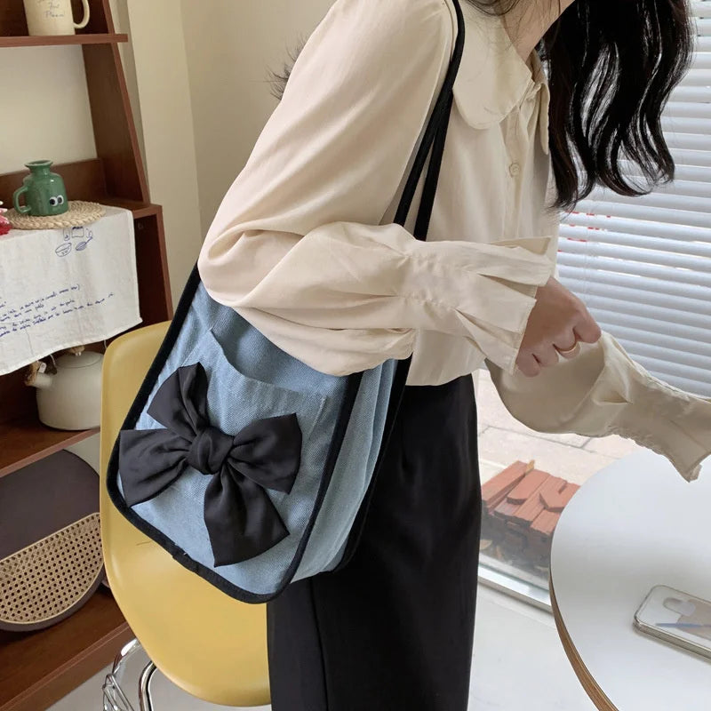Women Bow Canvas Shopper Bag French Bow Denim Armpit Shoulder Bag