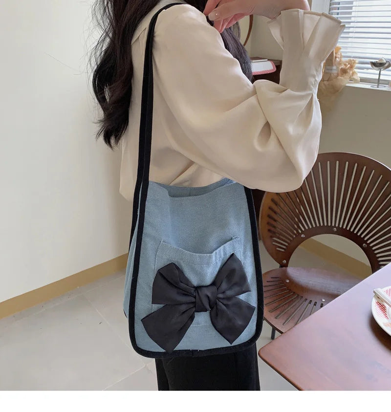 Women Bow Canvas Shopper Bag French Bow Denim Armpit Shoulder Bag