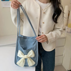 Women Bow Canvas Shopper Bag French Bow Denim Armpit Shoulder Bag