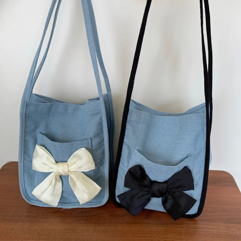 Women Bow Canvas Shopper Bag French Bow Denim Armpit Shoulder Bag