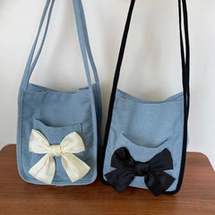 Women Bow Canvas Shopper Bag French Bow Denim Armpit Shoulder Bag