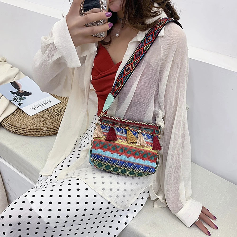 Women Bucket Shoulder Bag Vintage Ethnic Summer Tassel Ladies Crossbody Handbag
